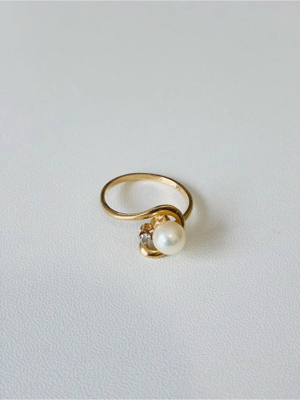 14K Plumb Gold Diamond Pearl Ring And 14K Gold Diamond Earrings, Vintage